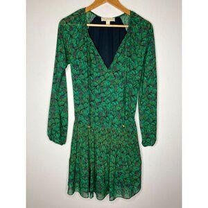 Michael Kors Women's XS Green Peacock Print Long Sleeve Dress Elastic Waist